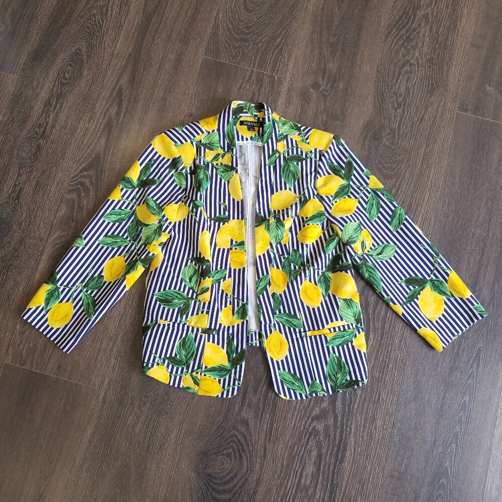 Roz & Ali 3/4 Sleeve Striped Lemon Print Blazer w/ Shoulder Pads Small